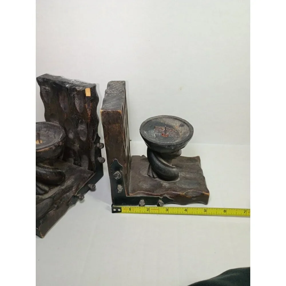 VTG Mid Century Hand Carved Twisted Wood Candle Holder Bookends Made In Spain